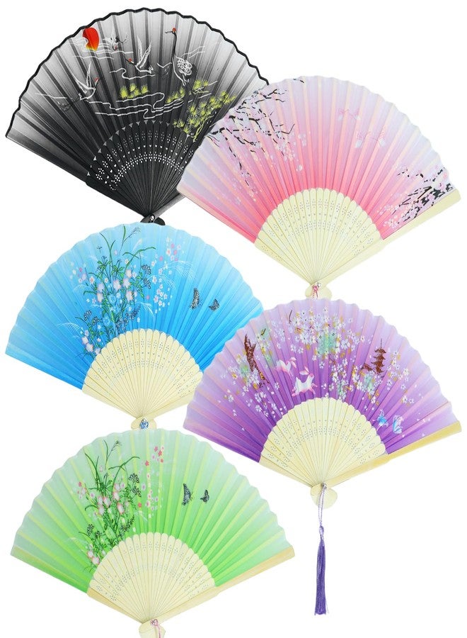 Gallipower 5 Pcs Foldable Chinese Hand Fans with Tassels,Folding Fan,Vintage Handheld Fans Decorations for Women Girls(Black,Pink,Blue,Purple,Green) - Image 1